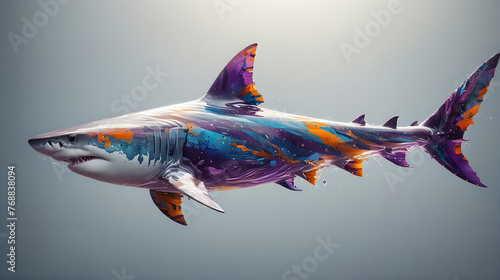 a striking depiction of a shark, rendered with splashes of vivid orange and purple hues that blend into its form, creating a dynamic fusion of wildlife and abstract art against a soft grey backdrop