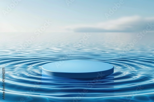  floating blue podium on wavy ripple water background