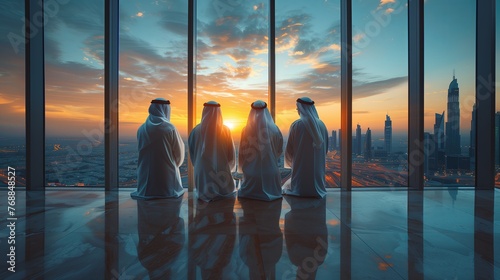 Successful Muslim Businessmen in Traditional White Outfit Standing in His Modern Office Looking out of the Window on Big City with Skyscrapers. Successful Saudi, Emirati