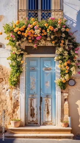 Blue door with flowers