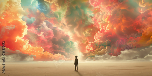 A person stands beneath a surreal, colorful sky, evoking awe and wonder
