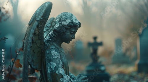 Image with background and place for caption and fragment of tragic sad angel statue at the cemetery. Funeral ceremony