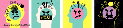 Negative thinking concept. Humans head silhouette with swearing emoji. Angry face icons set. Emotional stress. Mad emoticon sticker, hate, furious, doodle element. Vector illustration for social media