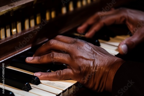 closeup of hands playing organ keys