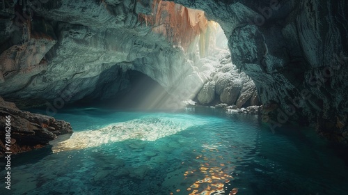 Hidden cave pool illuminated by sunlight through a crevice
