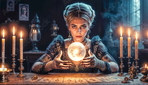 A beautiful mysterious fortune teller with piercing eyes predicts fate on a magic ball