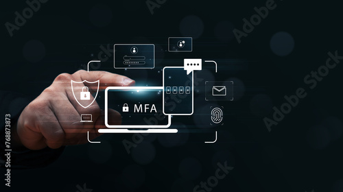 Multiple factor authentication MFA method using portable devices to protect data and account on internet data security concept, businessman finger touching secure computer technology graphics icon.