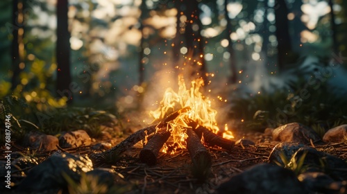 A close-up photo of a campfire crackling merrily against a backdrop of towering trees.