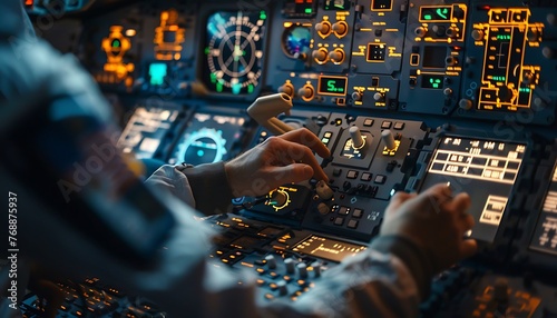 An engineer's hands meticulously calibrate avionics amidst illuminated control panels in a spacecraft cockpit