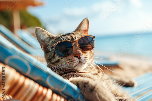 cat in sunglasses on the beach, enjoying the summer breeze, pet relaxation