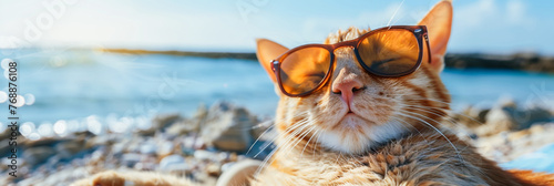 Cat on a sun lounger on the beach, feeling the ocean breeze, lazy afternoon.