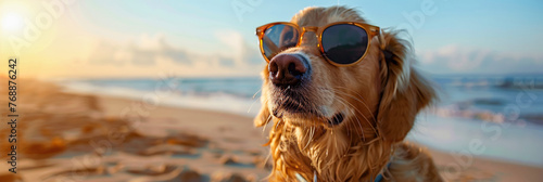 Dog in sunglasses on the beach, playful pet in goggles, seaside joy.