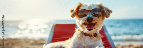 Dog in sunglasses on the beach, ocean relaxation, pet sunbathing, summertime fun.