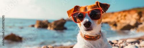 Dog in sunglasses on the beach, cute canine portrait against the sky, beachside happiness