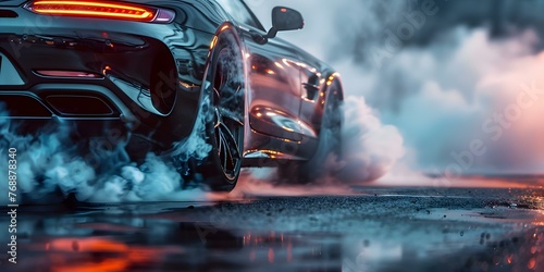 Closeup of a sports car performing a burnout on the road. Concept Sports Car, Burnout, Road, Action Shot