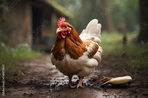 A close-up of a red hen on a farm, while out for a walk. homemade chicken. rustic style.