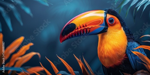 A bright and colorful toucan perched in a tropical rainforest, showcasing its vibrant plumage.