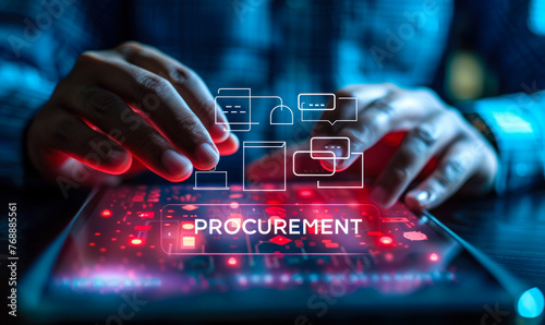 Business professional displaying icons representing key aspects of procurement process, digital transformation of supply chain management through mobile technology and data-driven insights