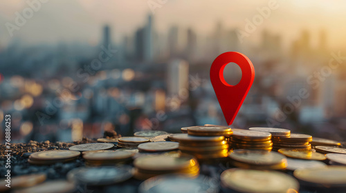 Pin icon and stack of coin on land area waiting to be sold, investing in real estate and land to create returns concept, demand for purchasing land in a good location