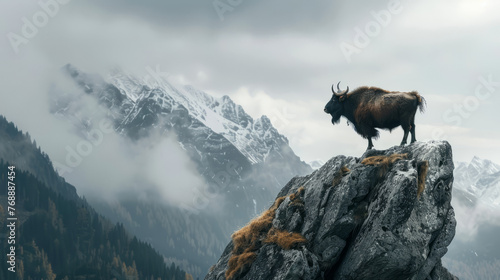 A mountain goat stands on a rocky cliff edge with mist wrapping around the rugged alpine landscape