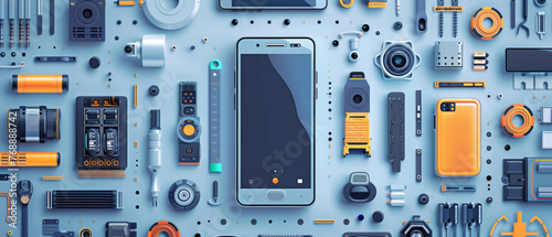 A detailed illustration of various disassembled technology and electronic device components on a neutral background.