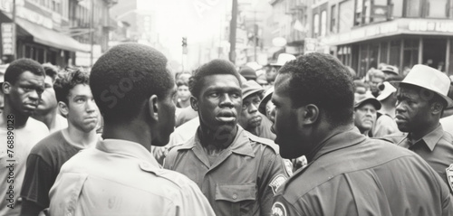 Two men engage in a serious conversation amid a crowd of onlookers on a city street, reflecting the social dynamics of the era