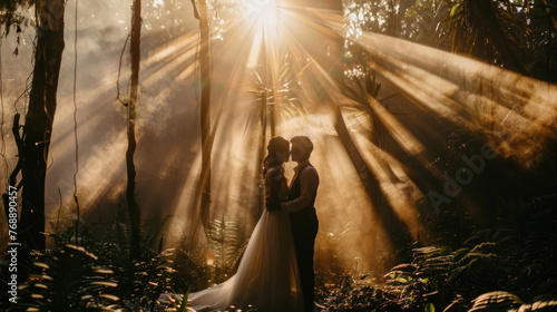 A bride and groom stand under the dappled sunlight shining through the trees in a forest setting