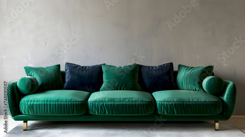 Chic emerald couch with contrasting cushions, minimalist interior design. Sleek green velvet sofa with dark blue pillows, empty wall, mock up. Modern green sofa against textured light wall