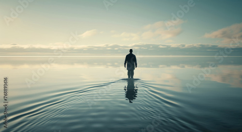 A man standing in the middle of a body of water, surrounded by calm waves and a cloudy sky