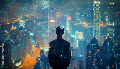 Businessman dressed elegant classical suit standing in panthouse office next to huge panoramic window with incredible night city bussiness downtown. Modern finance world money, success bussines people
