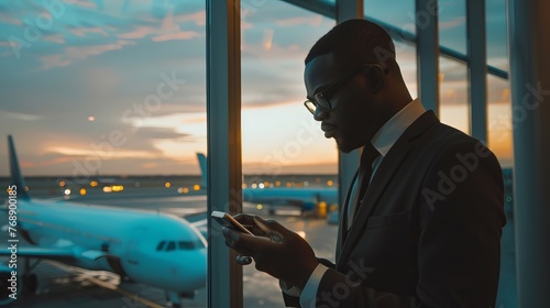 Business traveler checking flight schedule at airport window with plane taking off - technology, travel, and businessman reading international travel restrictions app online
