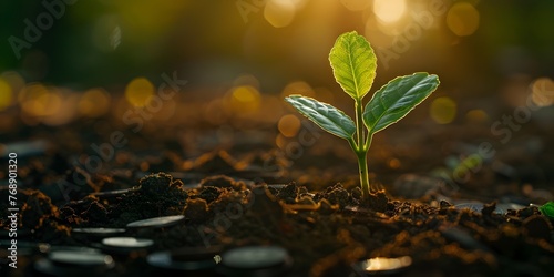 Seedling Emerging from Coins Symbolizing Investment Growth and Business Potential