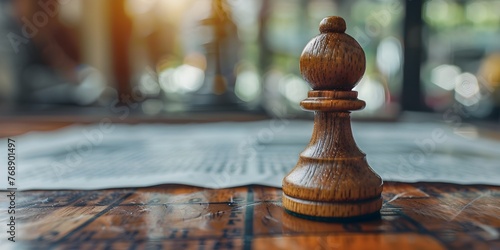 A wooden chess pawn piece is positioned on top of a financial newspaper symbolizing the connection between strategic