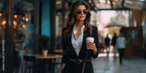 A stylish business lady with a disposable cup of coffee in her hand leaves a cafe or restaurant.