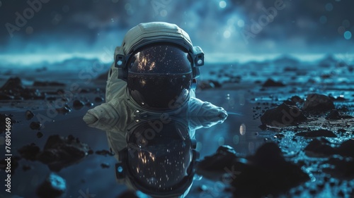 A lone astronaut's helmet reflecting a forgotten planet