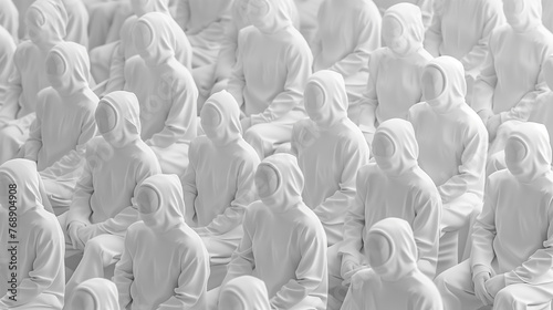 Uniformity Unveiled. Background of identical, monotonous faceless prototypes of people in white clothes. The concept of gray everyday life, people without opinion, submission. 