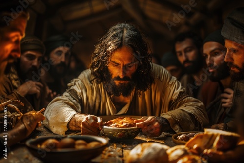 Jesus breaking bread at the last supper, foretelling his sacrifice for humanity