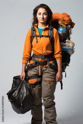 Female mountaineer with large backpack and black garbage bag