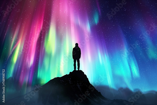 Aurora borealis with silhouette standing man on the mountain. Freedom traveler journey concept.