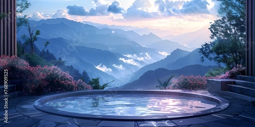 Serene Mountain Spa Oasis with Reflection Pool at Sunset in Enchanting Natural Landscape