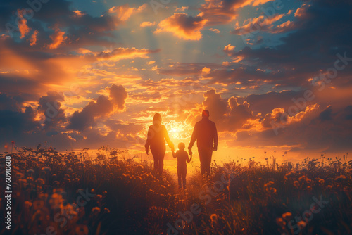 Father, mother and little child in the center. Family silhouette walking down a ethereal sunset or sunrise vibrant landscape. Christian family walking the path of righteousness. 