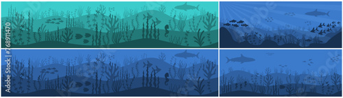 Underwater cartoon flat background with fish, sea water, corals. Ocean sea life, cute design. here is an illustration
