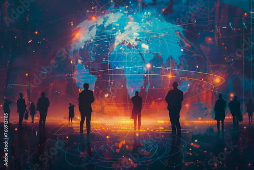 A global network visualization connecting businessmen around the world, symbolizing deals made over signals and data, with a backdrop of future technology.