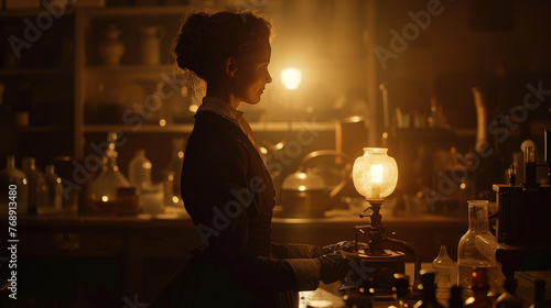 Marie Curie, Nobel Prize, groundbreaking scientist, in her laboratory, under the glow of flickering candlelight, silhouette lighting, realistic