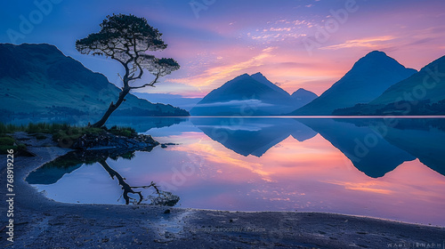 A beautiful lake with a tree in the foreground. The sky is a mix of blue and pink, creating a serene and peaceful atmosphere