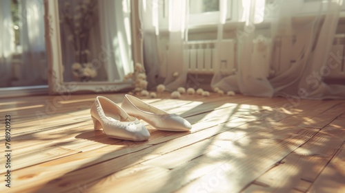 A pair of ballet slippers on a wooden dance floor with a mirror