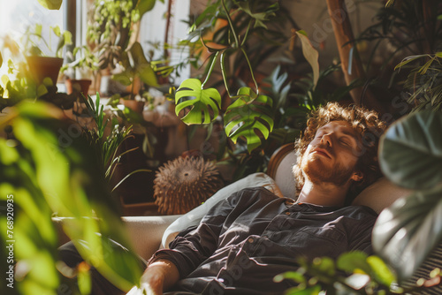 A ginger man sleeping on a couch in a room full of plants, relaxation and calm sunshine