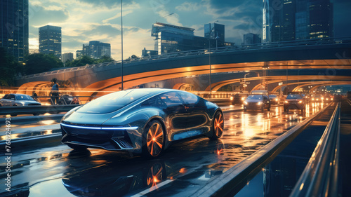 A futuristic car is driving down a wet road in a city. The car is surrounded by other cars and a few pedestrians. Scene is futuristic and urban