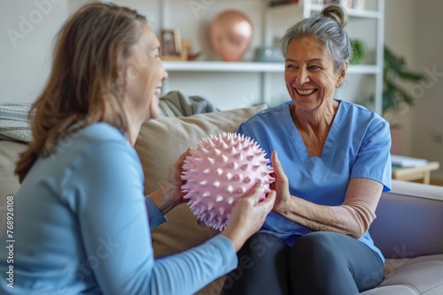 Young nurse or physiotherapist holding spiky rubber ball and doing hand massage to happy smiling senior woman who is sitting on sofa in retirement home. Old age, health, physiotherapy, Generative AI