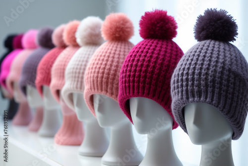 A row of mannequin heads wearing colorful knitted beanie hats with pompoms. Women headwear displayed in a winter fashion store. AI-generated